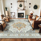Area Rugs Washable Non-Slip, Floral Vintage Distress Print Pattern Medallion Carpet for Living Room Bedroom