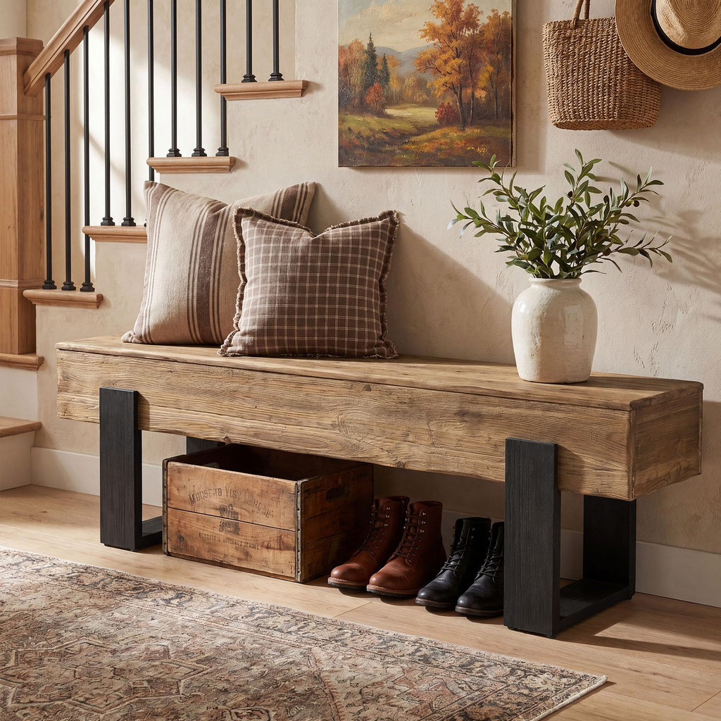 63-Inch Solid Wood Entryway Bench, Farmhouse Indoor Shoe Bench with Thickened Legs, Heavy Duty Wooden End of Bed