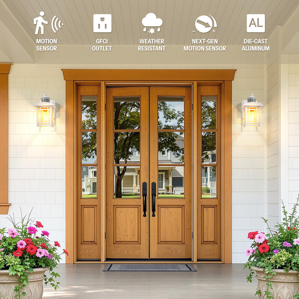 White Outdoor Porch Light with Outlet, 2-Pack Aluminum Front Door Motion Sensor Light, Waterproof Outside Garage