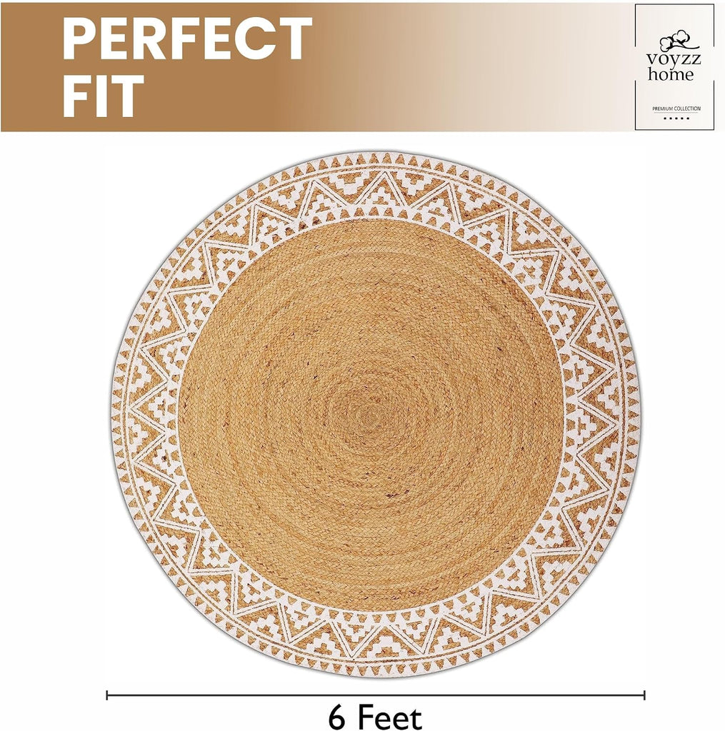 Premium Natural Jute Braided Area Rug, 6-feet Round, White Printed Border, Stain Resistance, Natural Handmade Rug s