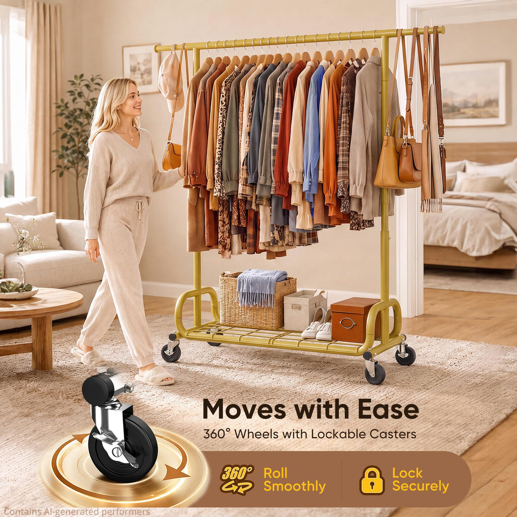 Clothes Rack 450LBS Adjustable Garment Rack with Wheels, Gold