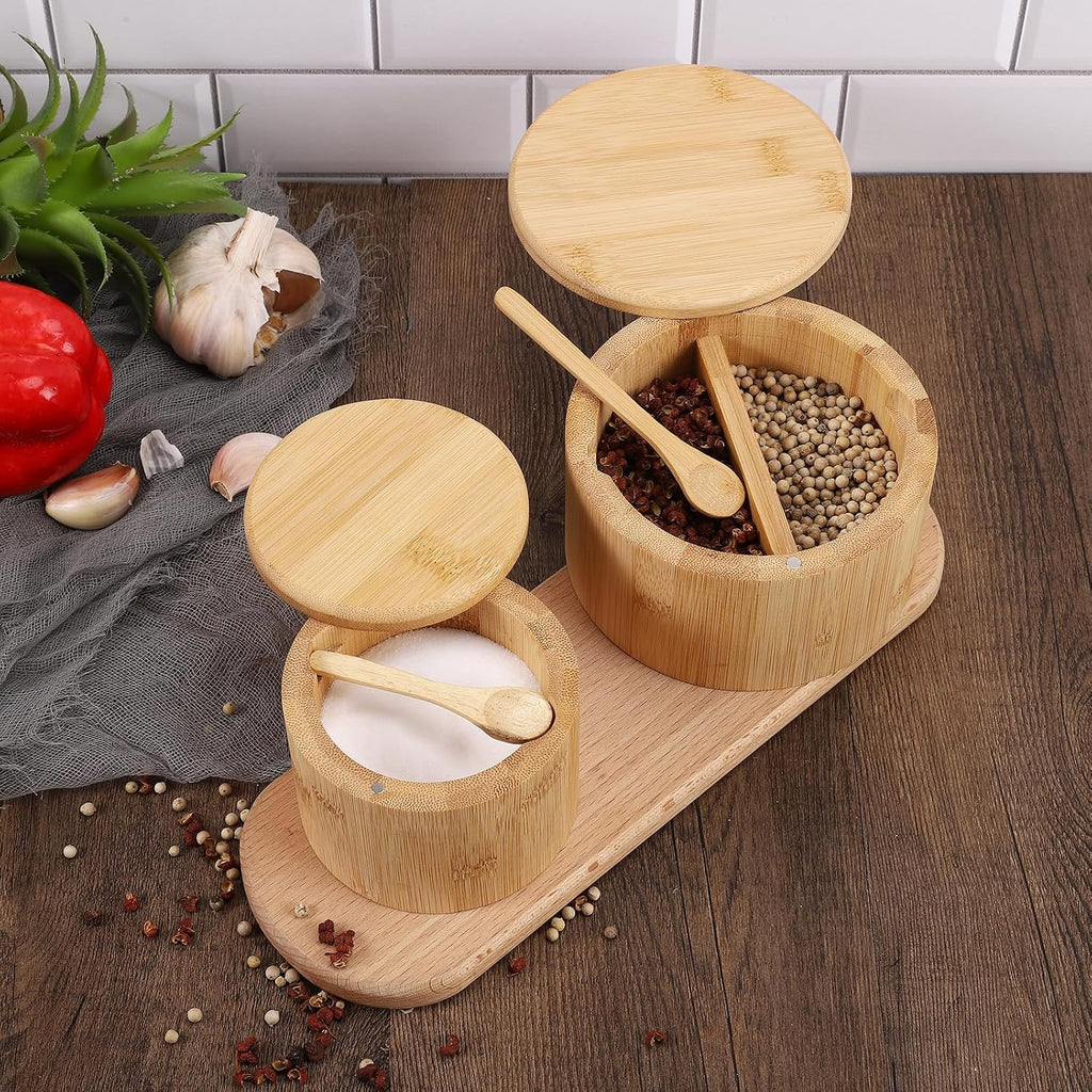 Natural bamboo Salt and Pepper Bowl, Bamboo Salt Cellar and Spices Storage Box With Built-in Spoon and Magnetic
