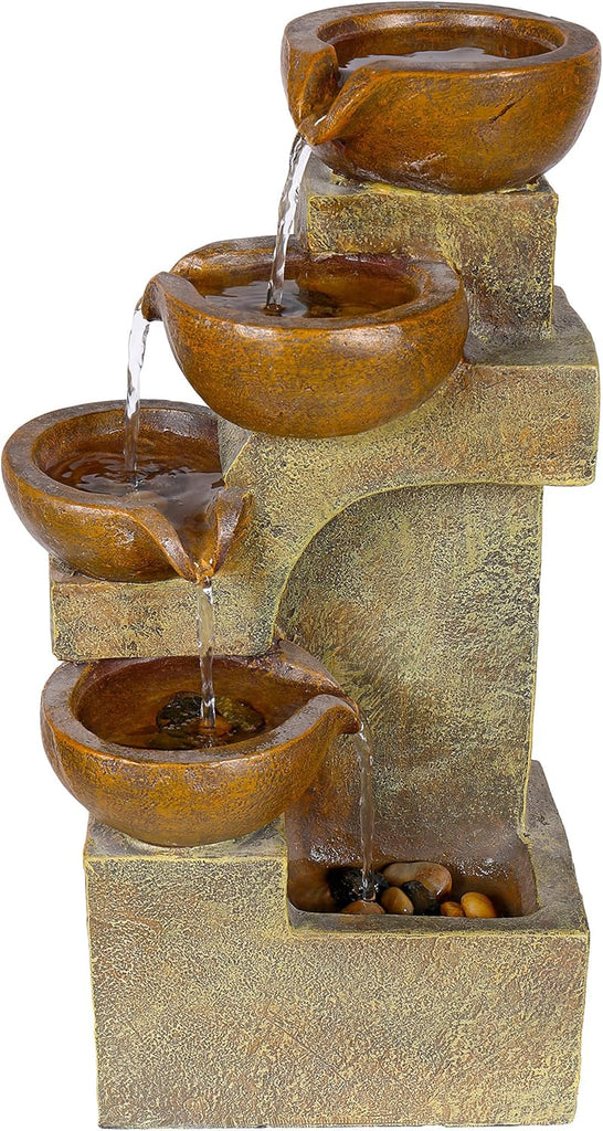16"H Tabletop Tiered Pouring Pots Waterfall Fountain - Natural Stone-Look Finish Adds Rustic Charm - Brown