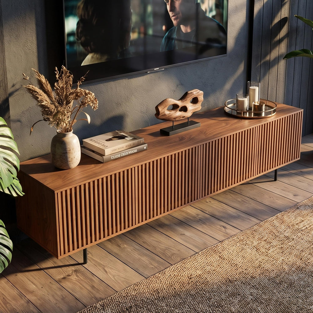 86.61" TV Stand with Slatted Doors, Media Console for 75+ TVs