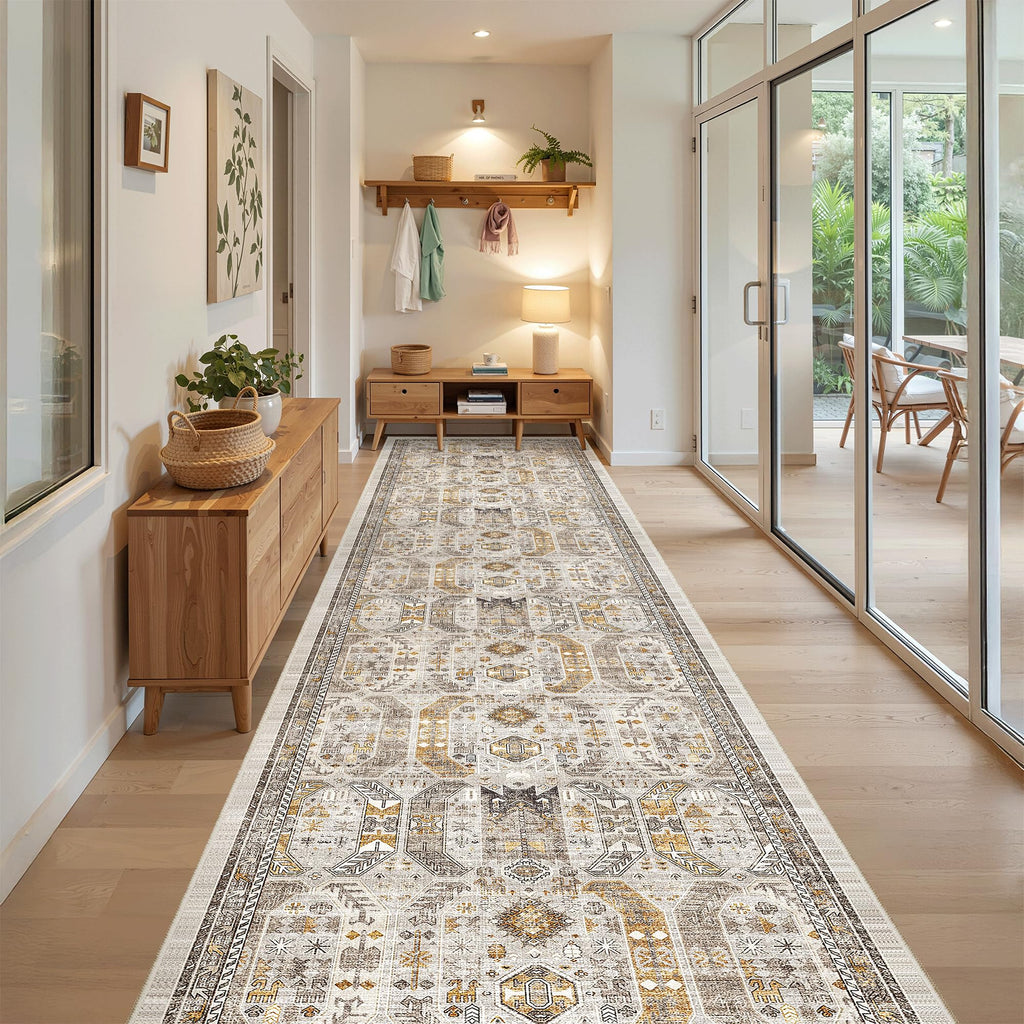 Hallway Runner Rug Washable Kitchen Runners Long, Brown/Gold