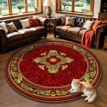 Luxury Vintage Round Rug 6ft, Red and Gold European Baroque Circle Area Rug, Non-Slip Washable Traditional Medallion