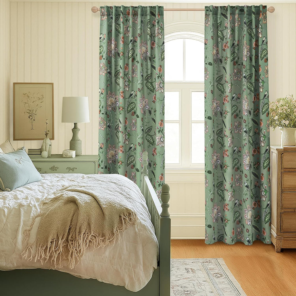 Green and White Curtains 96 Inches Long 2 Panel Set for Bay Window,70% Blackout Eclectic Art Nouveau Print Floral