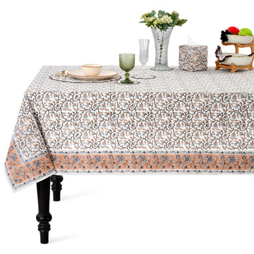 Brown Meadow Vine Hand Block Print Rectangle Tablecloth 108x60 Inch