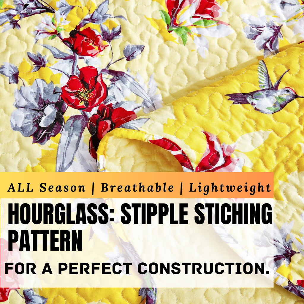 Bedding Radiant Sunshine Yellow Floral Bedspread Set - Hummingbirds Farmhouse Red Flowers Garden Quilted Coverlet