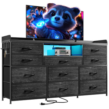 LED Dresser with 11 Drawers & Power Outlets, Black