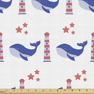 Nautical Blue Fabric by The Yard, Marine Themed Pattern of Whale Lighthouse and Starfish, Decorative Fabric for