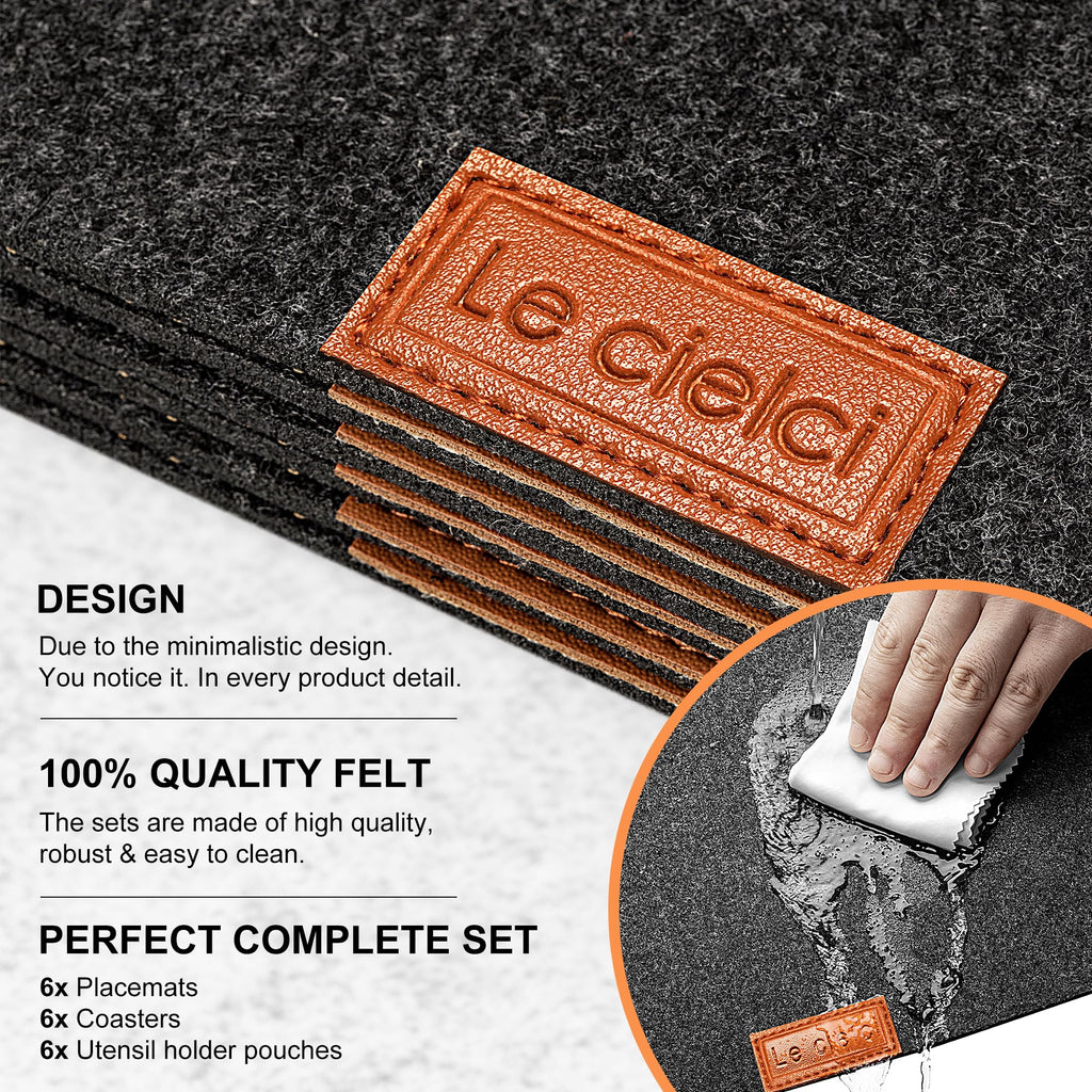 6 Placemats, 6 Coasters & 6 Cutlery Bags, Dark Gray Felt Table Mats