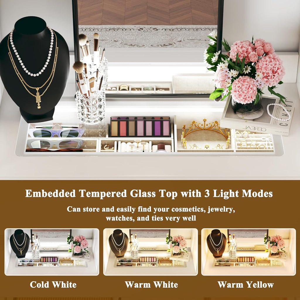 Closet System, 4-8FT Closet Organizer with 3 Wood Drawers & Glass Top, 102'' Walk in Closet with 5 Hang Rods & LED