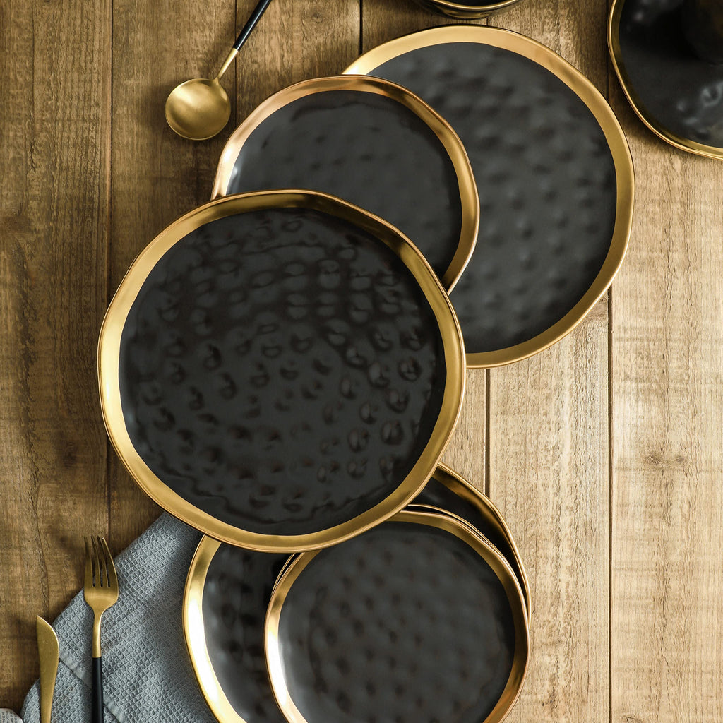 Lain Florian Modern Porcelain 16 Piece Dinnerware Set, Plates and Bowls Set, Dish set for 4, Black And Golden Rim