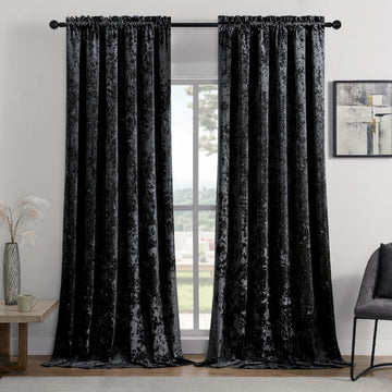 Black Crushed Velvet Curtains 52x84inch Rod Pocket-2P