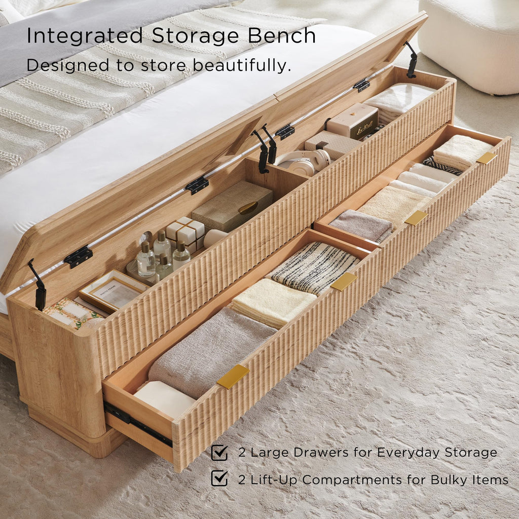 Fluted King Bed with Headboard and Storage Bench, Natural Oak