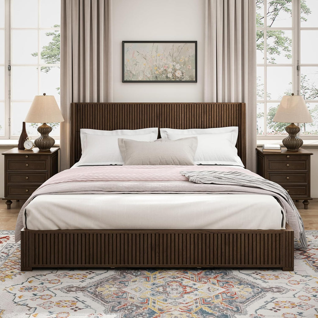 Solid Wood Platform Bed Frame with wingback Headboard, Wood Platform Bed Frame Low Profile with 80.04"