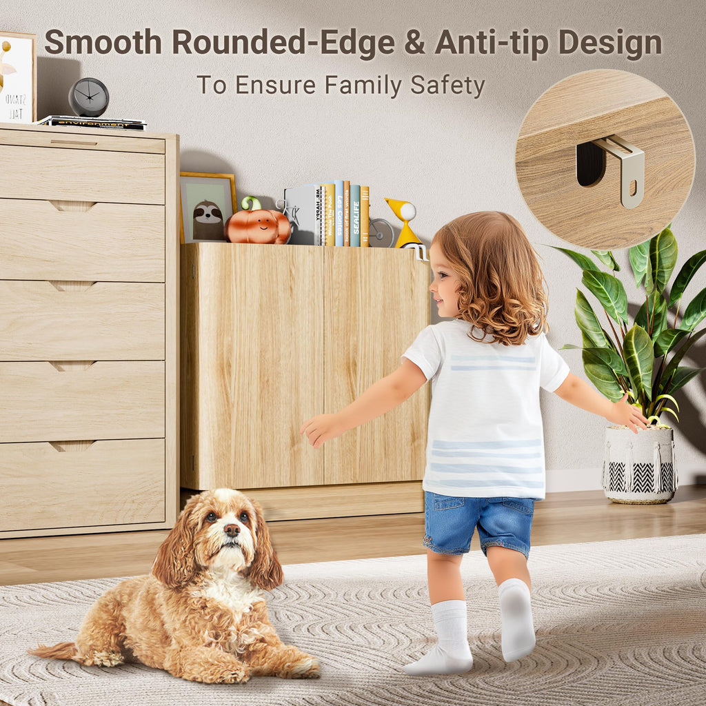 Sideboard Buffet Cabinet with Storage, 31'' Natural Oak Wood Buffet with Adjustable Shelves & 210° Wide-Opening
