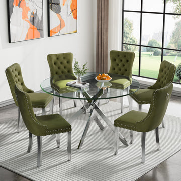 47" Round Dining Table Set for 6, Modern Silver Glass Kitchen Dining Room Table Set for 6, 7-Piece Dining Table Set