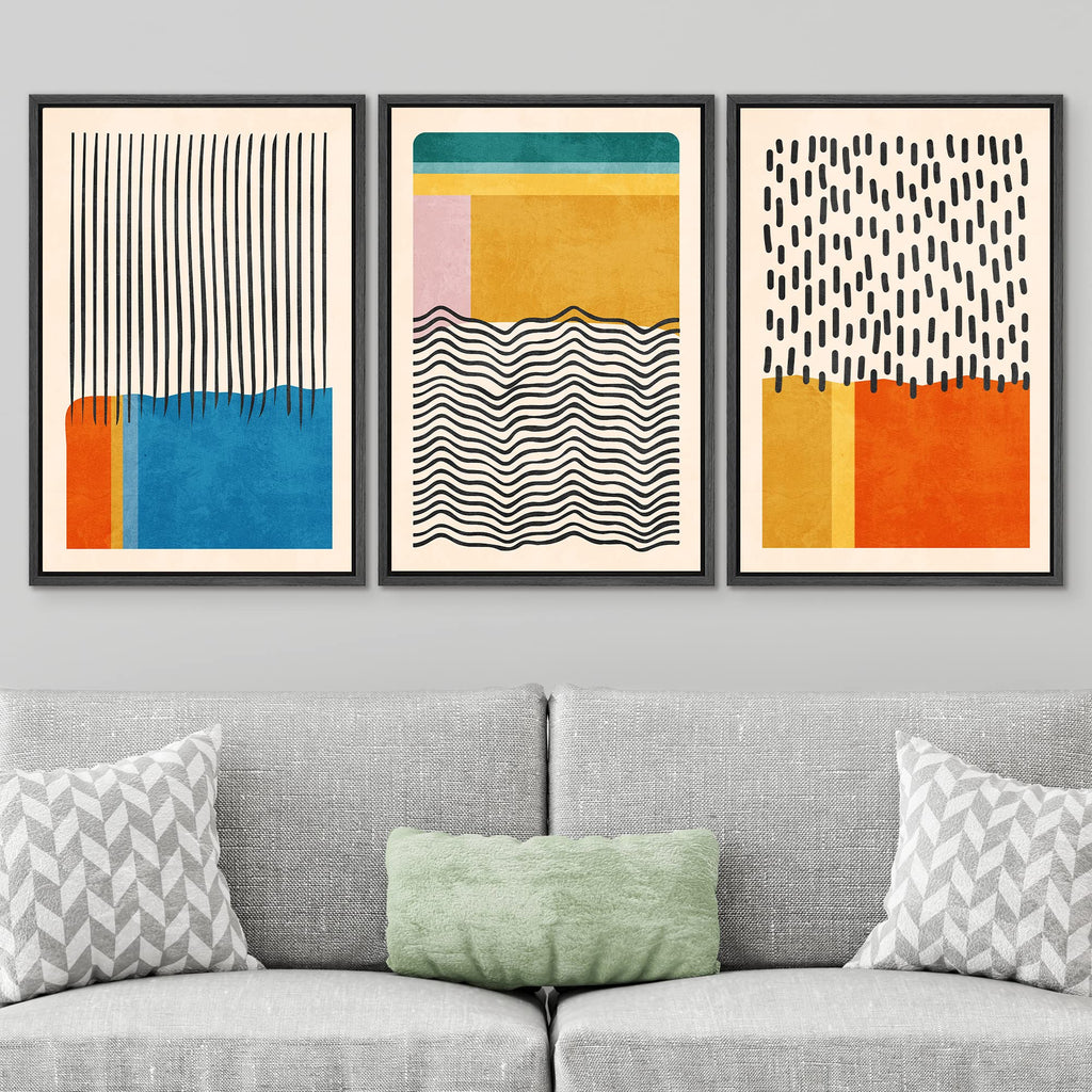 Framed Canvas Print Wall Art Set Mid-Century Vibrant Color Block Collage Abstract Geometric Illustrations Graffiti &