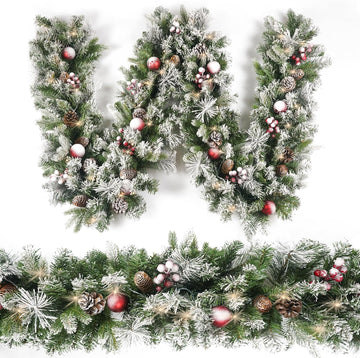 Christmas Garland Flocked 9ft with 50 Lights, Christmas Decor with Pine Cone Red Balls & Berries 50 Light Timer