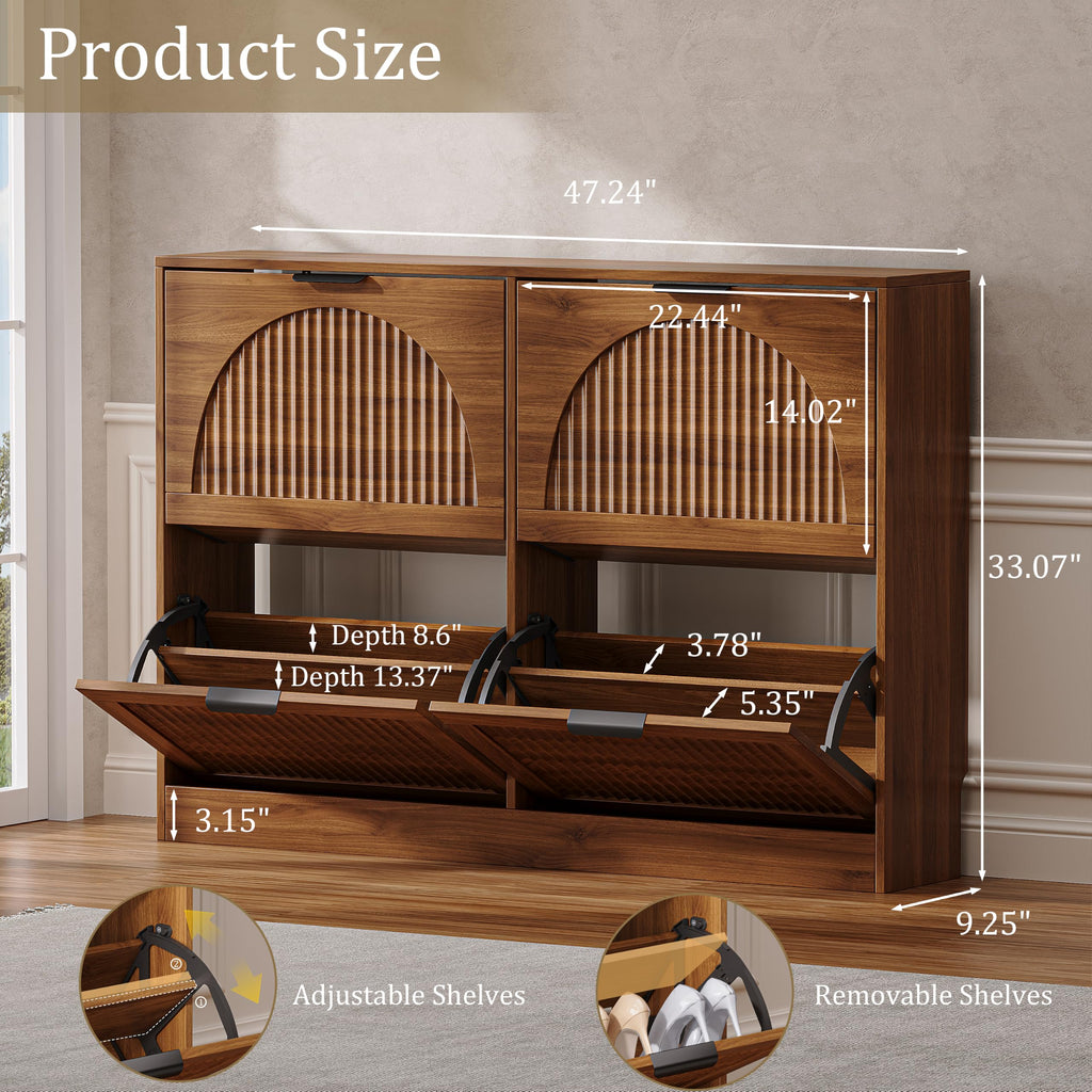 Fluted Shoe Storage Cabinet, 4 Flip Drawers, Walnut
