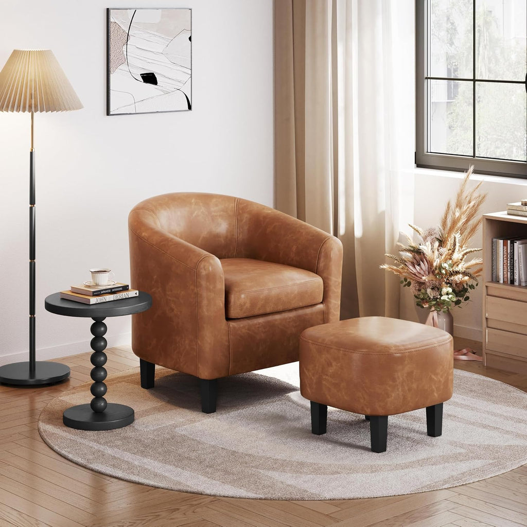 Accent Chairs with Ottoman, Faux Leather Barrel Chairs, Brown