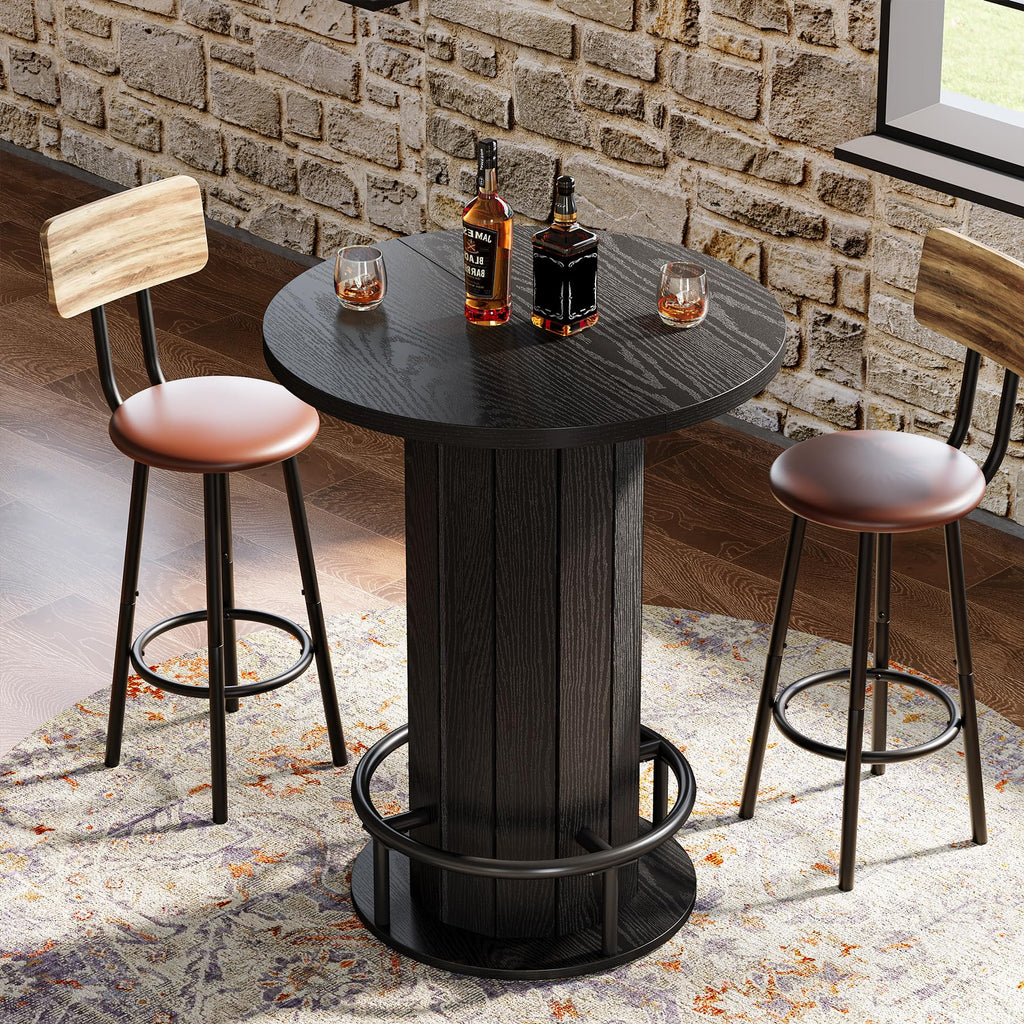 Round Bar Table, 39.4" H Wood Bistro Pub Table with Metal Ring Footrest for Dining Coffee Cocktail Living Room, Small