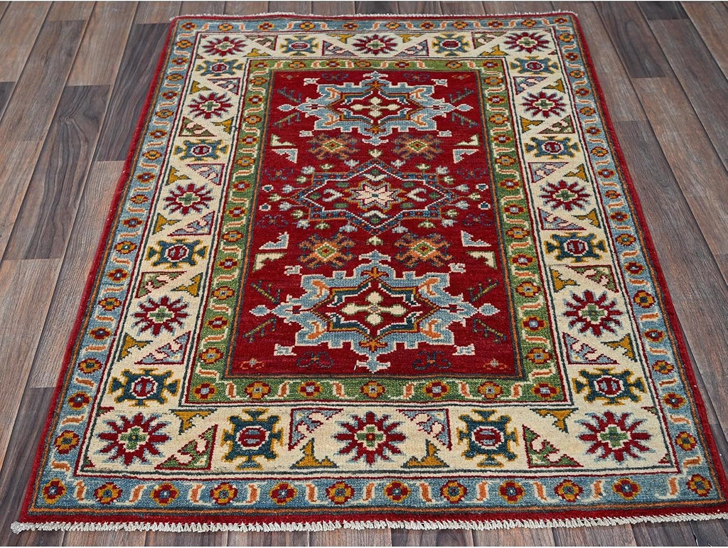 Hand Knotted Kazak Oriental Rug, Crimson Red, Wool, Geometric Medallion Design, Natural Dyes, 3' x 4'