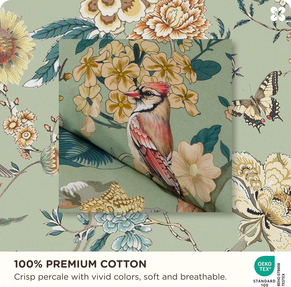 Floral Duvet Cover King - 100% Cotton Reversible Flowers and Birds Pattern Duvet Cover Set, 3 Pieces Soft &