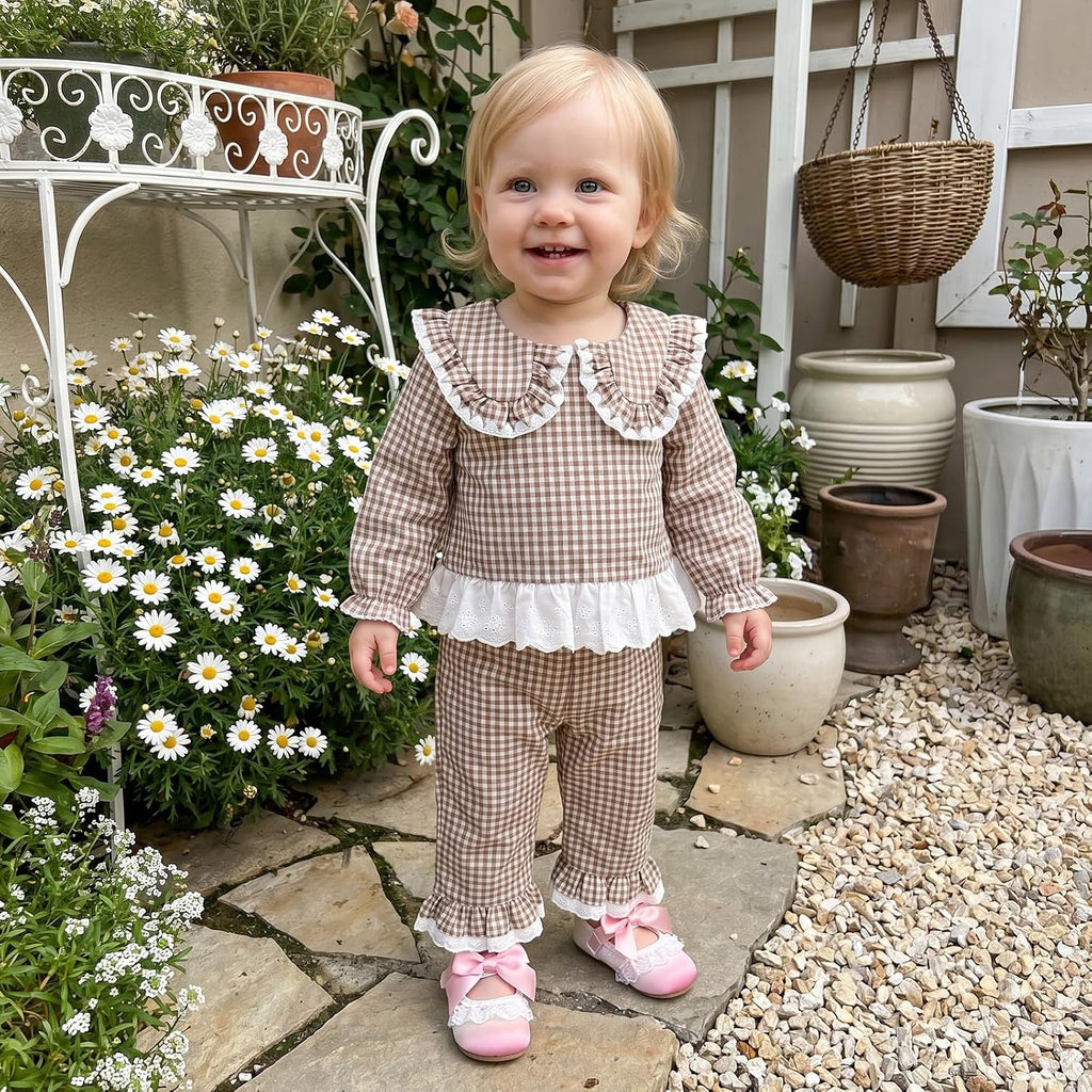 Toddler Baby Girl Fall Winter Outfits Plaid Collared Ruffle Shirt Pants Set