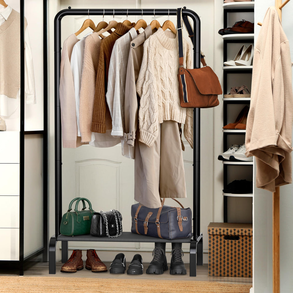 30" W Narrow Freestanding Garment Rack with Shelves, Black