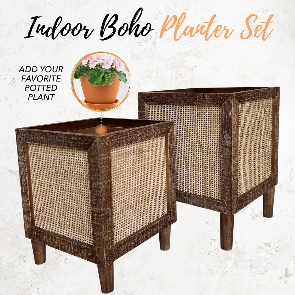 Rustic Boho Large Indoor Planter - Rattan Planter Boxes Outdoor Set of 2 - Wooden Indoor or Outdoor Plant Box Stands