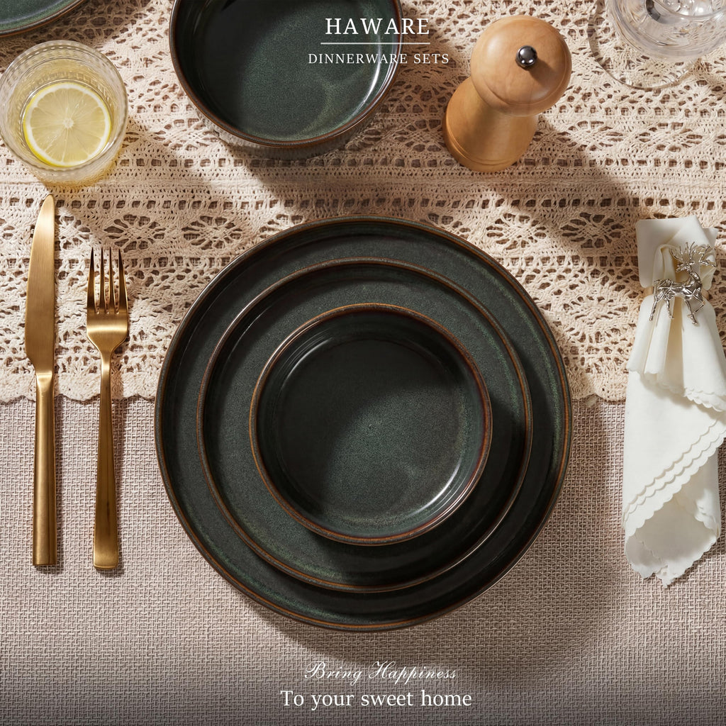 Dinnerware Sets, Plates and Bowls Set for 4, Reactive Pine Green