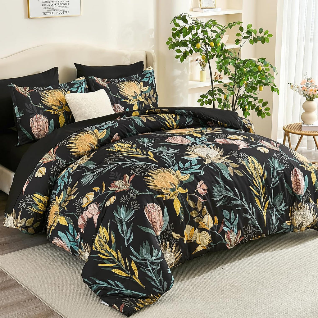 Luxudecor Queen Comforter Set 7 Pieces Bedding Sets, Black Floral Comforter and Sheet Set