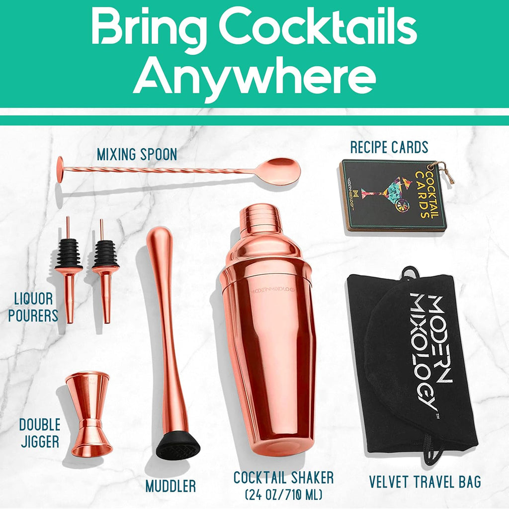 8-Piece Cocktail Shaker Set with Velvet Bag | Complete Kit for Bartenders | Includes Shaker with Strainer, Jigger - Set of 8