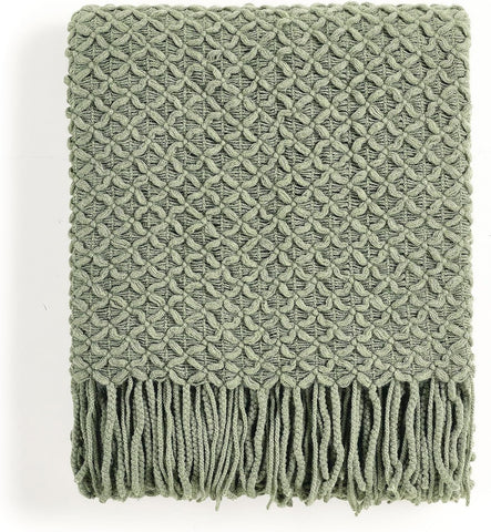 Farmhouse Boho Knitted Throw Blanket, Soft Warm Cozy Light Weight for Spring Summer Fall (50''X60'' Sage Green)