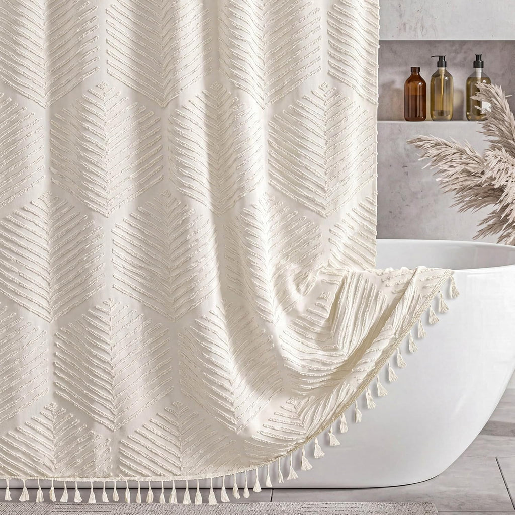 Cream White Boho Shower Curtain 72 x 72'' Neutral Textured Shower Curtain Woven Fabric Bathroom Curtains with Tassel