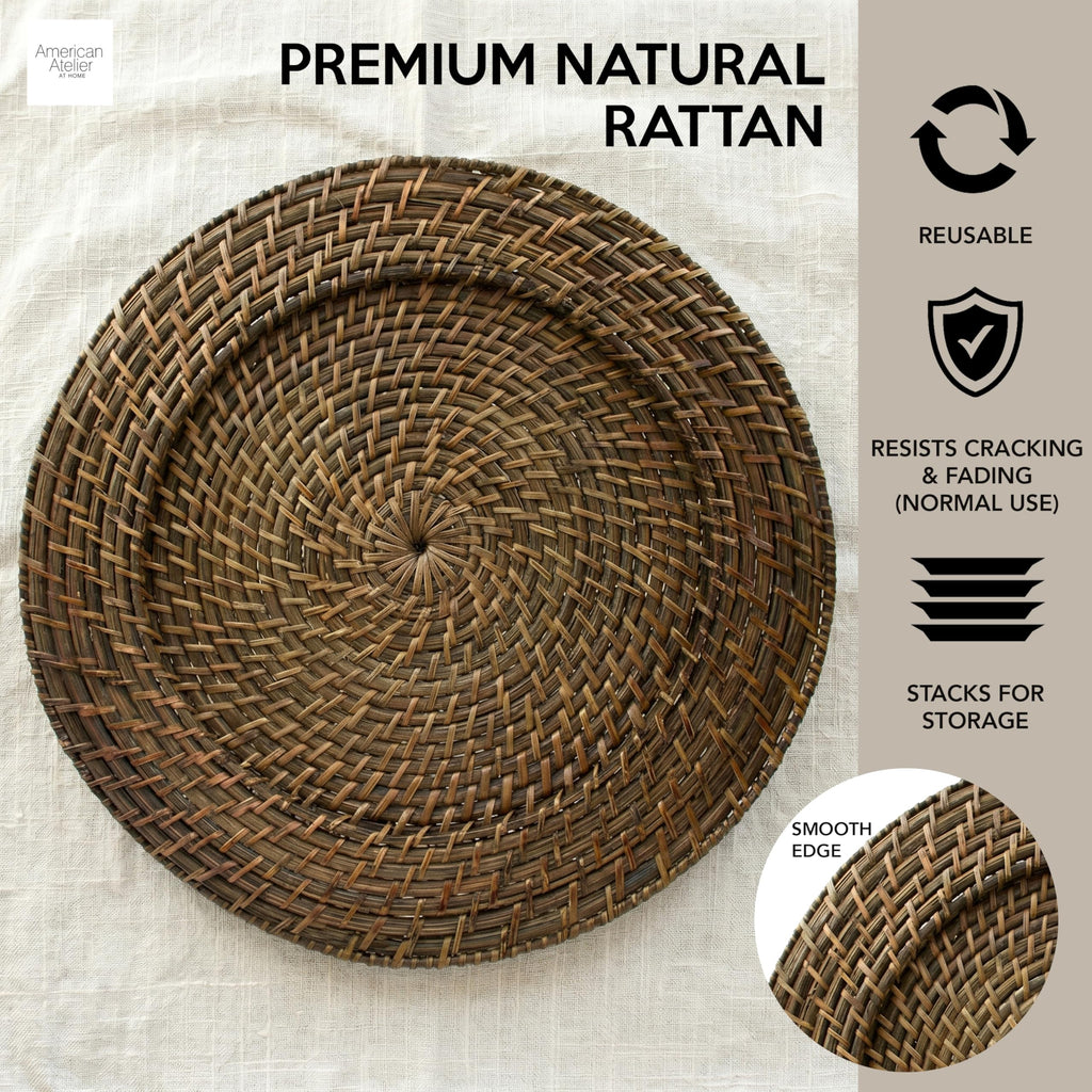 Rattan Charger Plates Hand Woven Round Brown, 13" - 4 Set