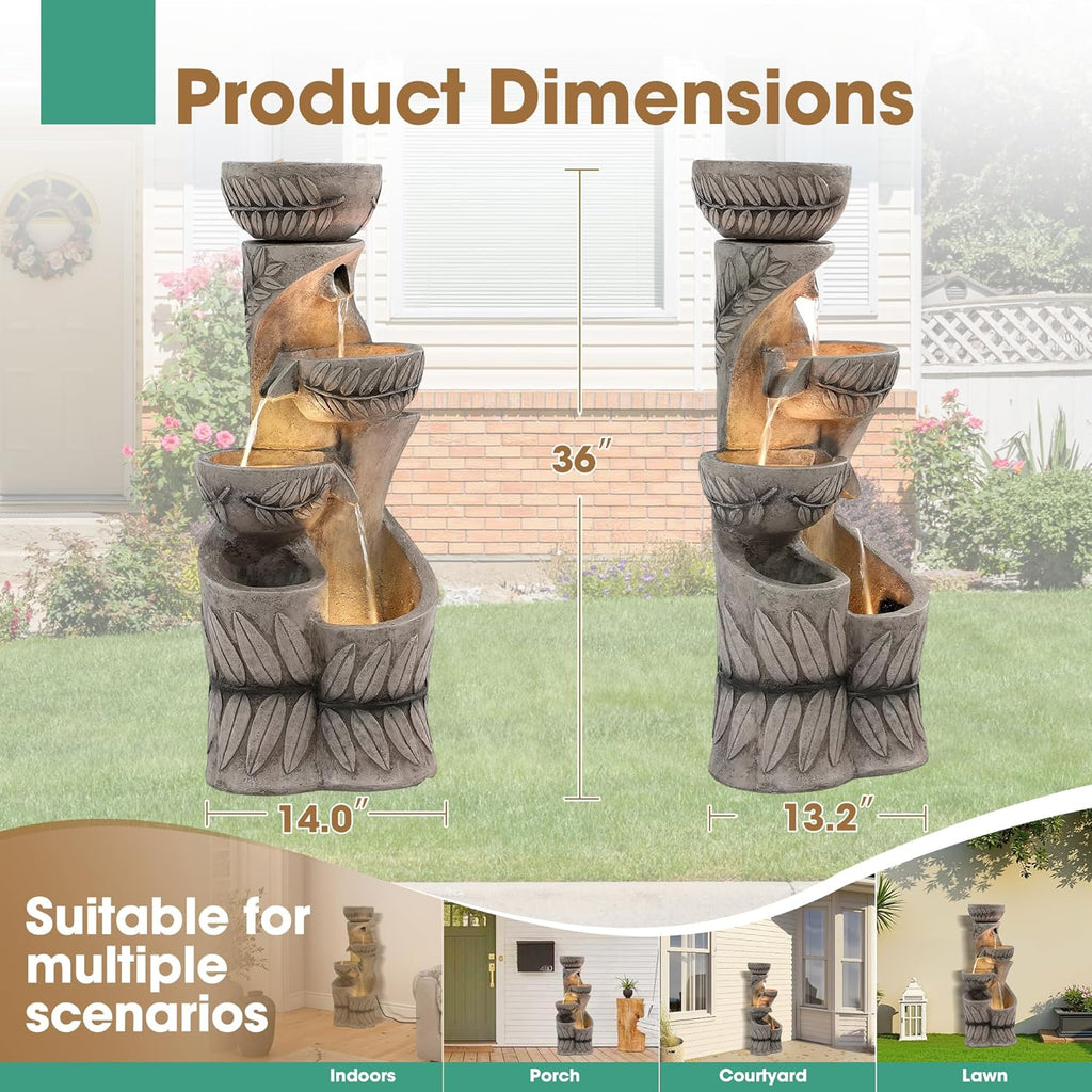 36" H Garden Water Fountains Outdoor, Waterfall Fountain with Lights | 4-Tier Large Cascading Leaf Carving Indoor