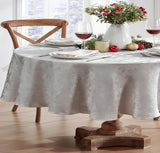 Christmas Carol Holiday Noel Damask Fabric Tablecloth, 60 x 84 Inch Oval, Grey, Holly Leaf Poinsetti