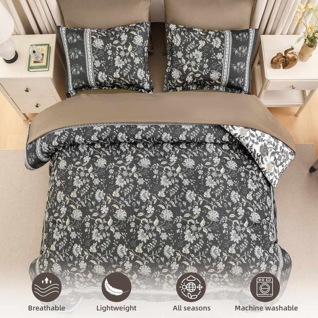 Boho Comforter Set Queen, Reversible Brown Gray Bedding Paisley 7 Piece