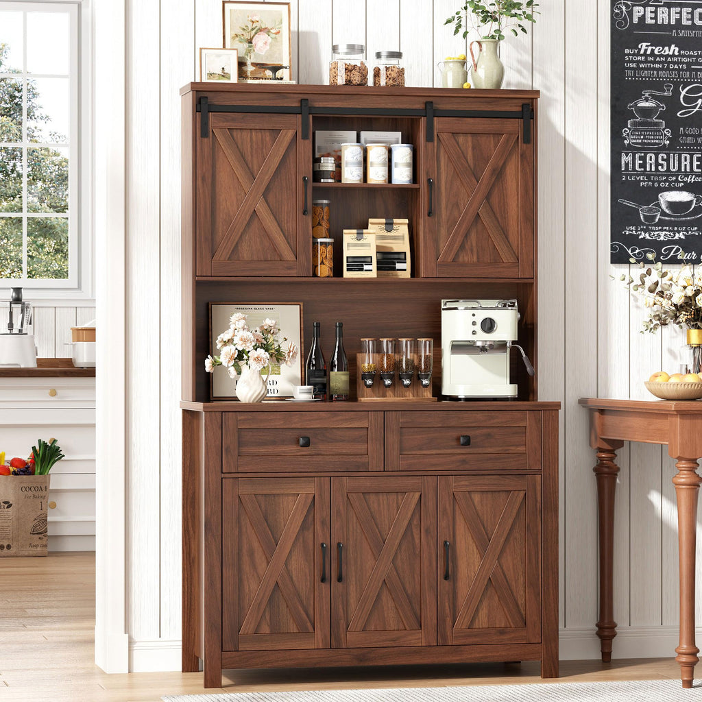 67.7" Pantry Storage Cabinet with 2 Drawers, Farmhouse Kitchen Hutch, Walnut