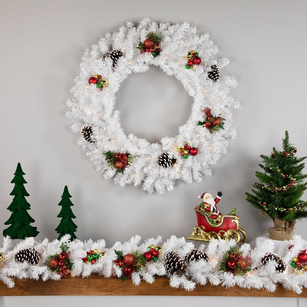 Pre-Lit LED White Canadian Pine Artificial Christmas Wreath, 30-Inch, Clear Lights