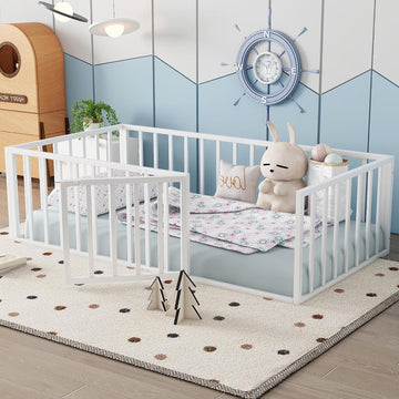Floor Bed with Fence and Door, Heavy Duty Montessori Floor Bed Frame, Easy Assemble Montessori Beds
