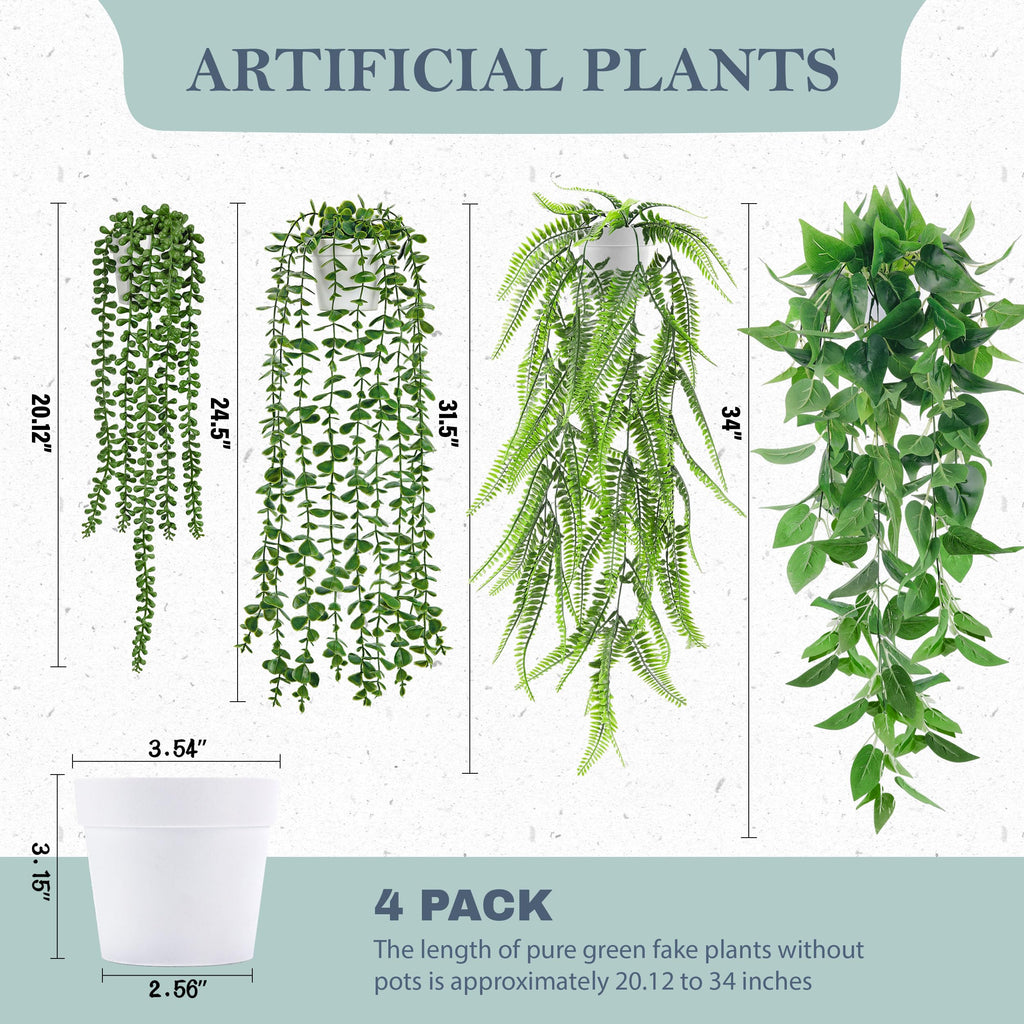 4Pcs Fake Hanging Plants with White Pots for Bright Shelf Decor