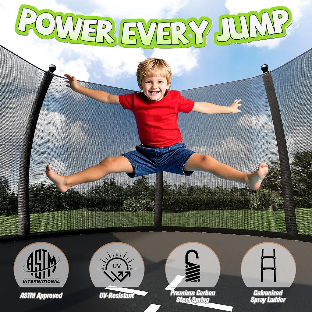 Outdoor Trampoline with Net and Ladder 8FT 10FT 12FT 14FT 16FT | ASTM Approval, Quick Connect Frame, Foam Curved