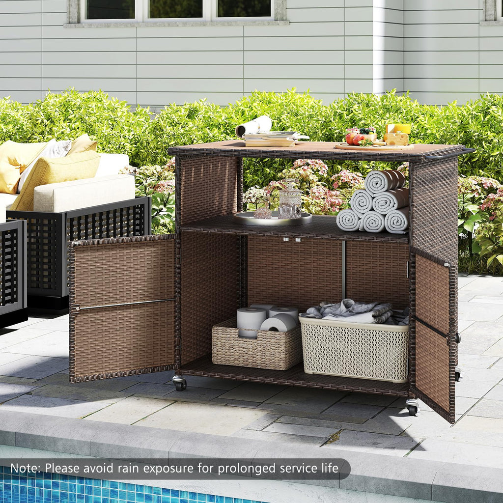 Outdoor Storage Cabinet with 4 Wheels, Wicker Buffet Cabinet with Acacia Wood Countertop, Open Compartment & 2-Door