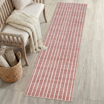 Washable Orton Distressed Ticking Stripe 2' x 8' Machine-Washable Polyester Runner Rug, Rose Clay and Cream