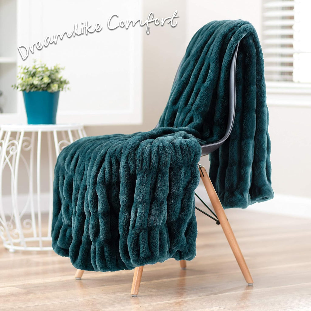 Premium Ruched Faux Fur Throw Blanket - Luxurious, Soft Reversible Mink Blanket - 50" x 65" - Teal